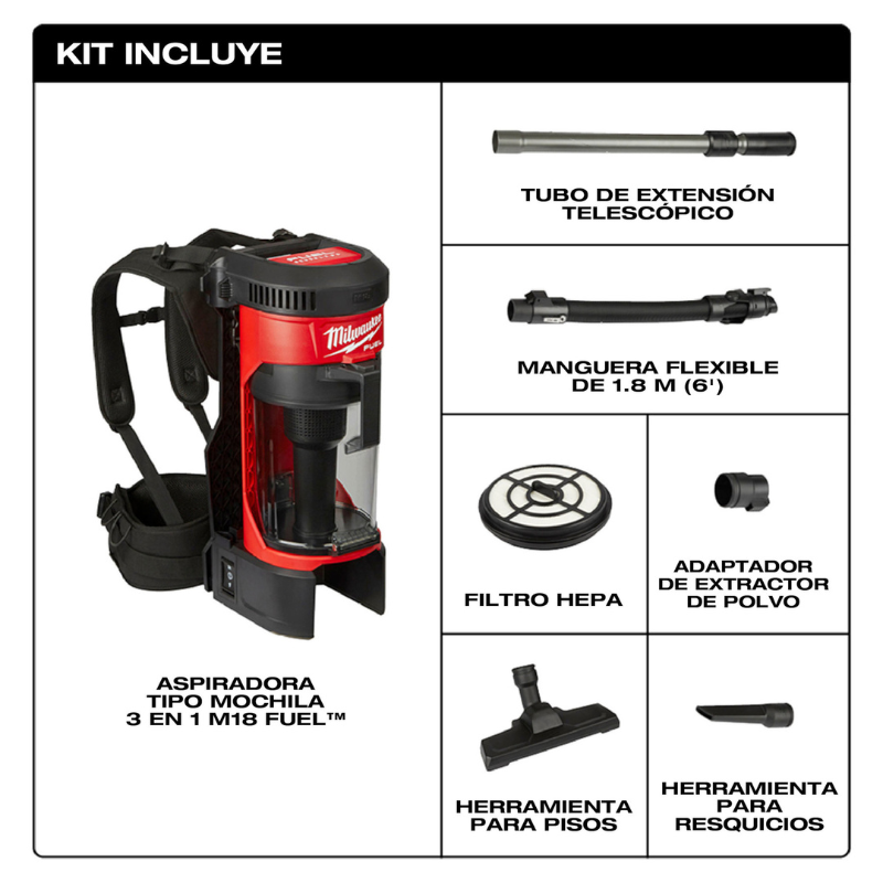 ASPIRADORA INALAMBRICA M18 FUEL, MOCHILA 3 EN 1 (SIN BATERIA NI CARGADOR)
