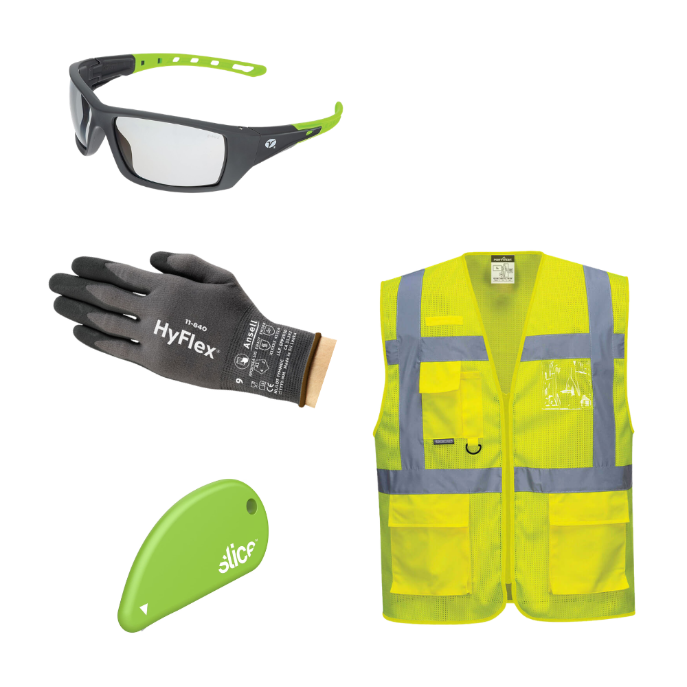 GUANTES HYFLEX T9 + LENTES SPECTRUM + CHALECO MESHAIR T-M + CORTADOR SLICE