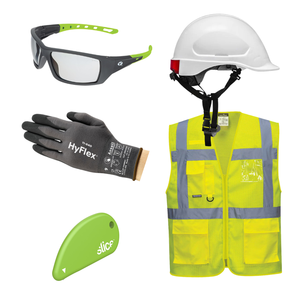 GUANTES HYFLEX T9 + LENTES SPECTRUM + CHALECO MESHAIR T-M + CASCO STEELPRO + CORTADOR SLICE