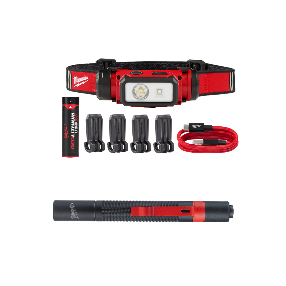COMBO LINTERNA USB PARA CASCO REDLITHIUM™ + LAMPARA TIPO BOLIGRAFO DE 100 LUMENS