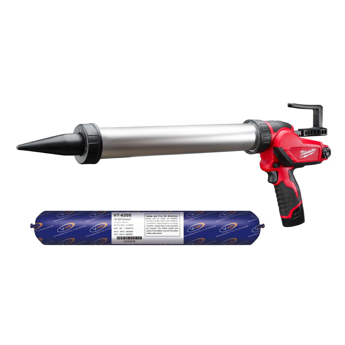 PISTOLA PARA CALAFETEAR M12 CON CARGADOR Y BATERIA CP1.5 + 4 SELLADORES HIBRIDO DE POLIMERO MS NEGRO 600ML (SALCHICHA)
