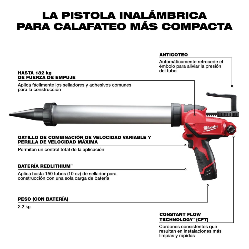 PISTOLA PARA CALAFETEAR INALAMBRICA M12 CON BARRIL DE ALUMINIO DE 20OZ C/ CARGADOR Y BATERIA CP1.5