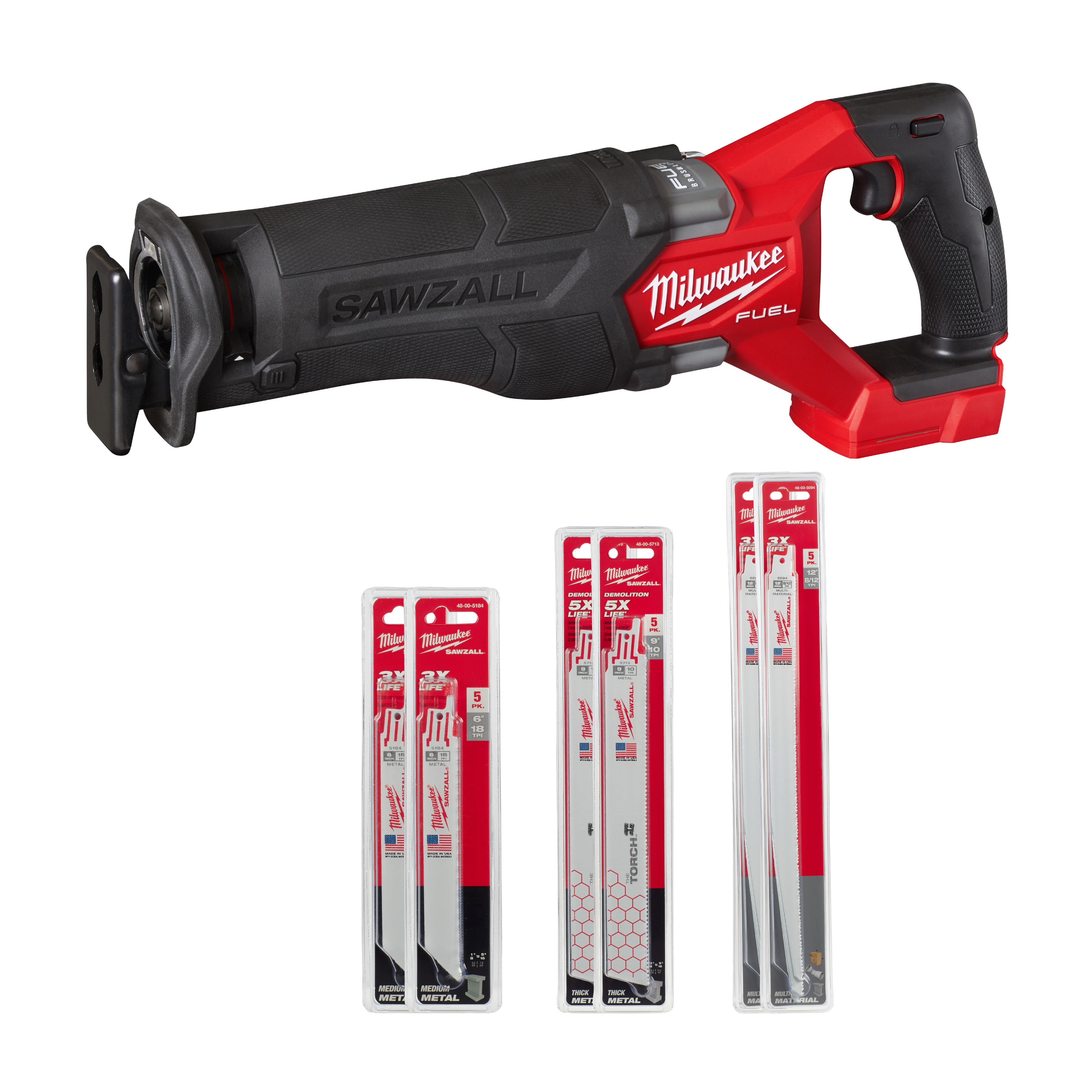 SIERRA RECIPROCANTE M18 FUEL™ SAWZALL® + 2 PAQUETES DE 5 HOJAS 9" + 2 PAQUETES DE 5 HOJAS 12" + 2 PAQUETES DE 5 HOJAS 6"