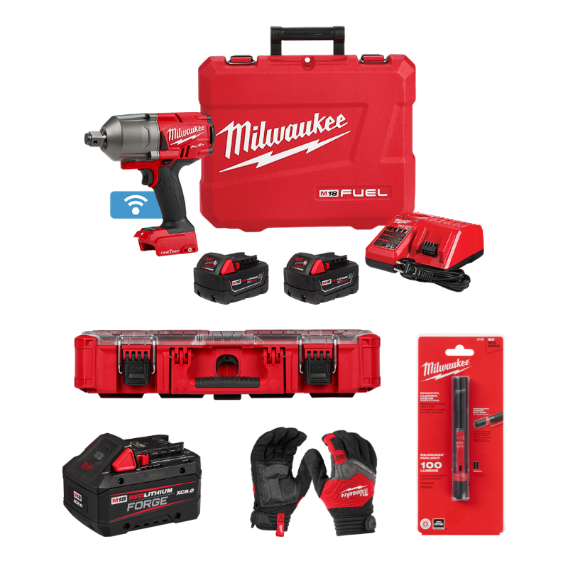 KIT LLAVE IMPACTO 3/4" + BATERIA FORGE 8.0 + ORGANIZADOR + GUANTES + LINTERNA TIPO BOLIGRAFO