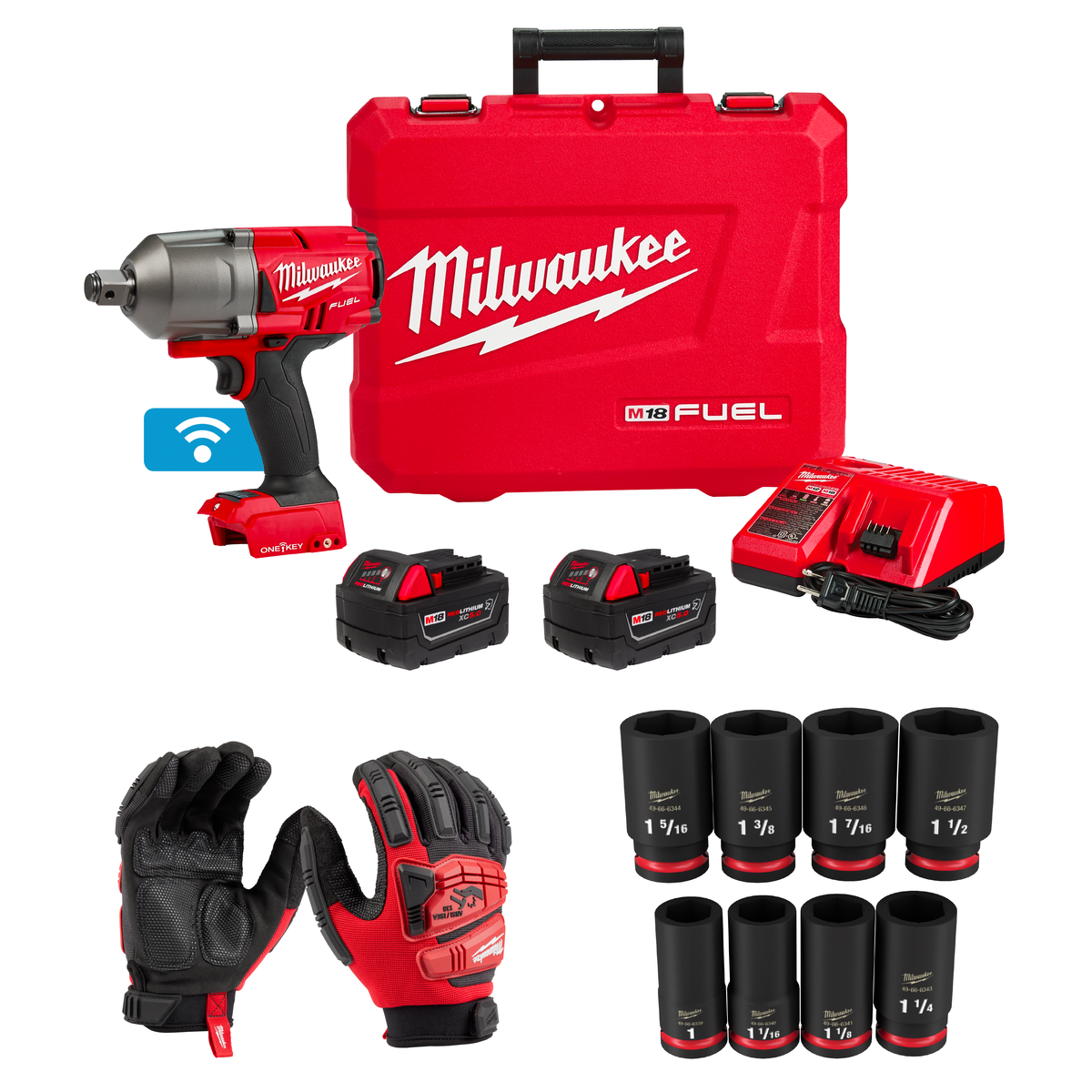 KIT LLAVE DE IMPACTO 3/4" + JUEGO DE 8 DADOS DE IMPACTO LARGOS 3/4" SAE + GUANTES DE SEGURIDAD TALLA S