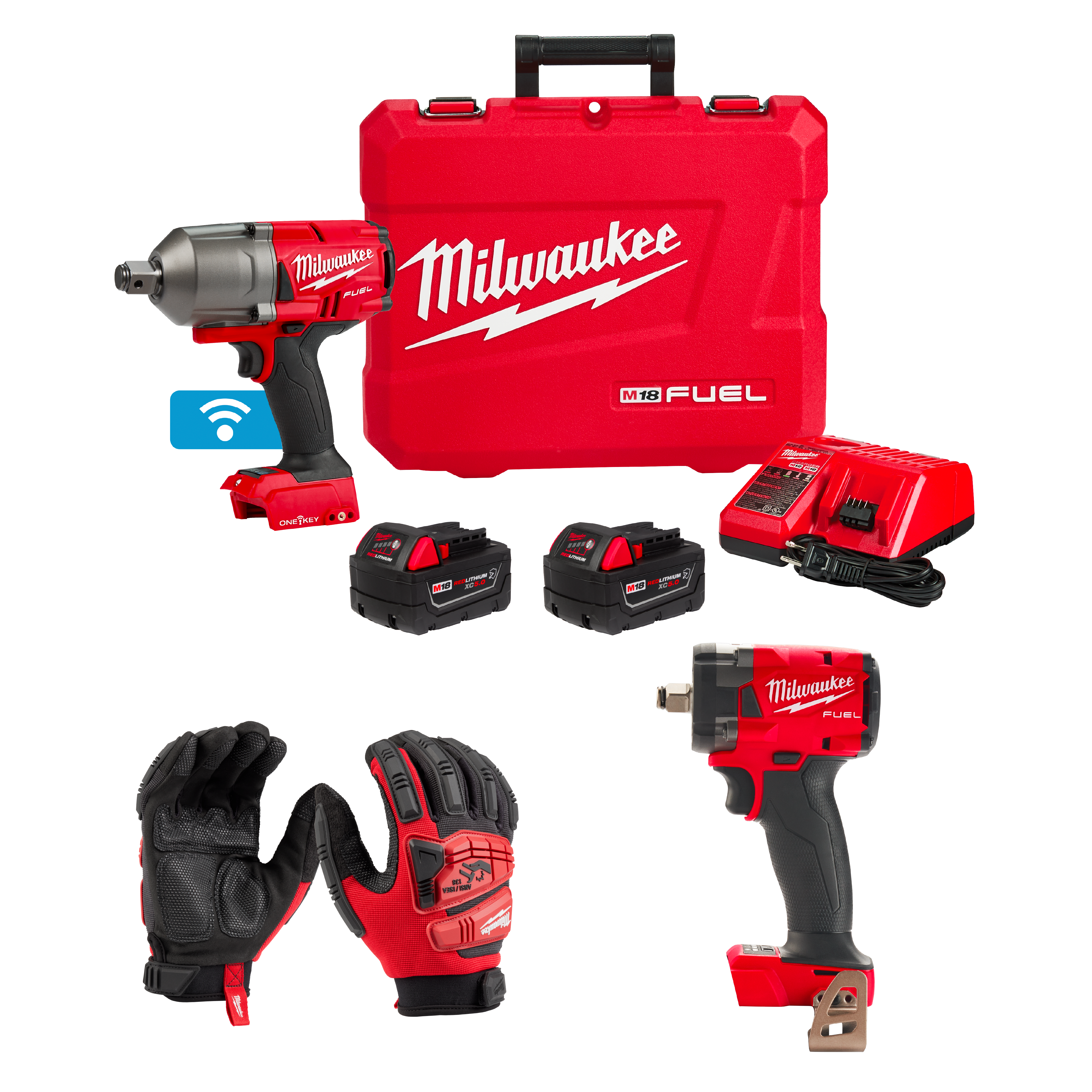 KIT LLAVE DE IMPACTO 3/4" + LLAVE DE IMPACTO COMPACTA M18 1/2" + GUANTES DE SEGURIDAD TALLA S