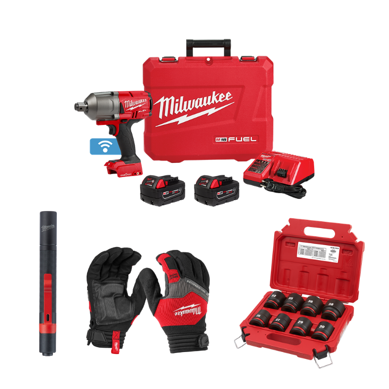KIT LLAVE IMPACTO 3/4" + SET DE DADOS + GUANTES + LINTERNA TIPO BOLIGRAFO