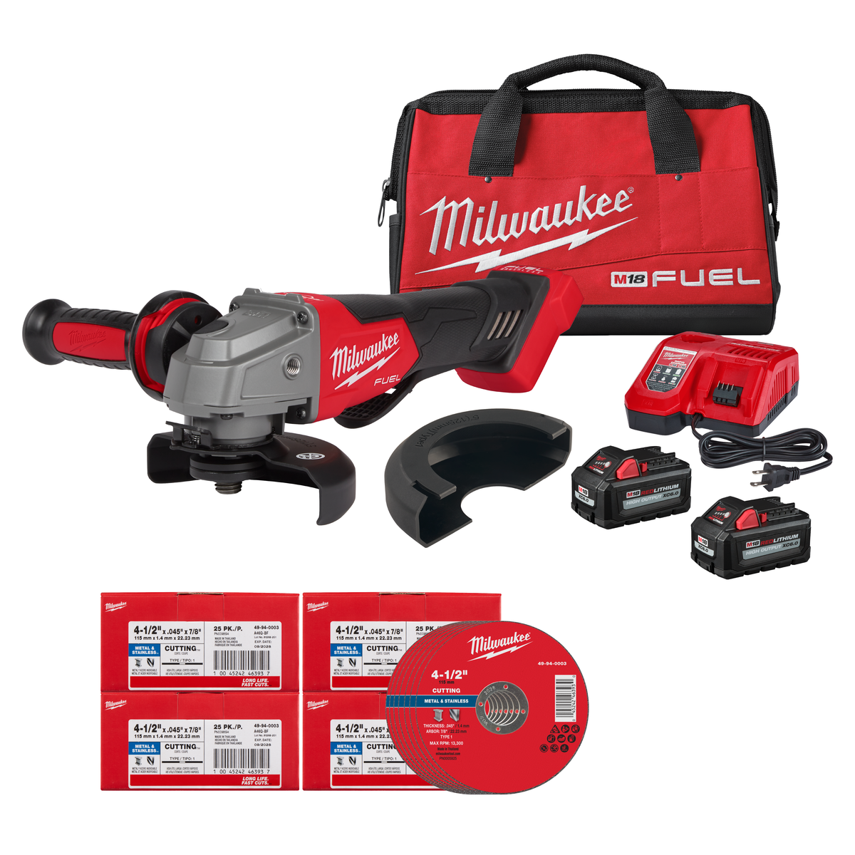 KIT ESMERILADORA M18 FUEL™ 4-1/2" – 5" + 4 CAJAS DE 25 DISCOS DE CORTE PARA METAL