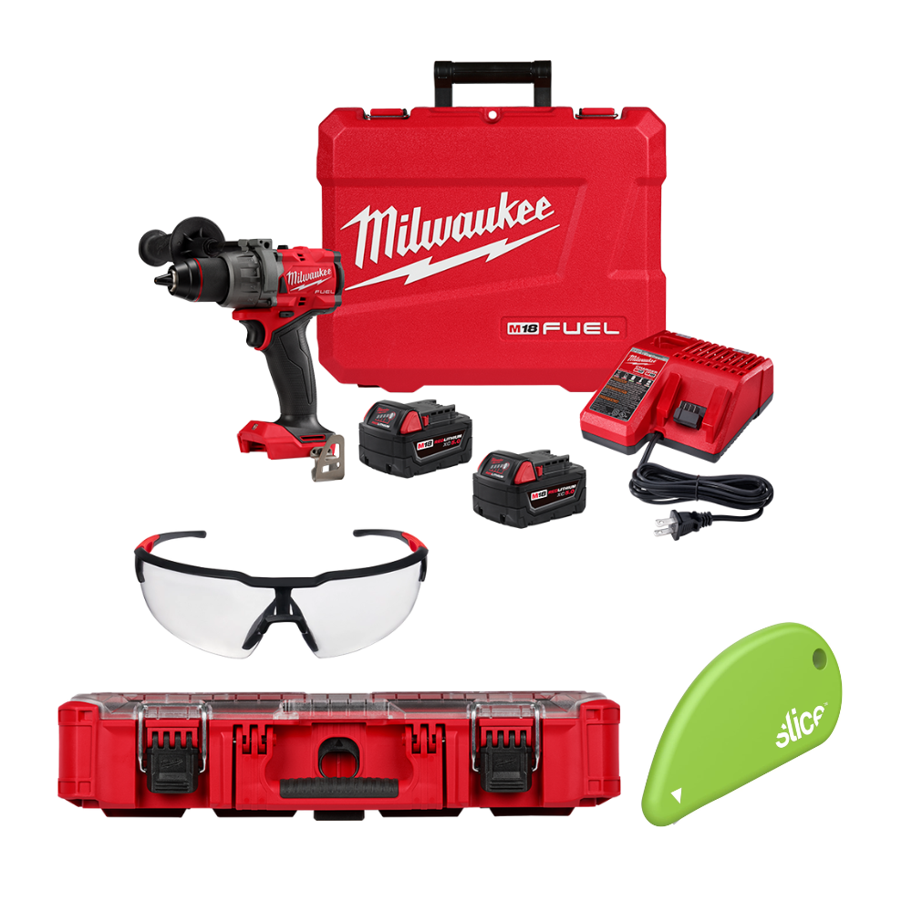 TALADRO PERCUTOR 1/2" KIT C/2 BAT. + ORGANIZADOR PACKOUT + LENTES + CORTADOR SLICE