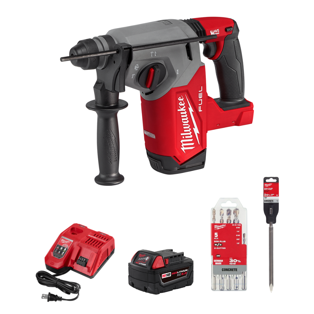COMBO ROTOMARTILLO SDS PLUS DE 1" + CARGADOR RAPIDO + BATERIA XC5.0 + JUEGO DE BROCAS Y CINCEL