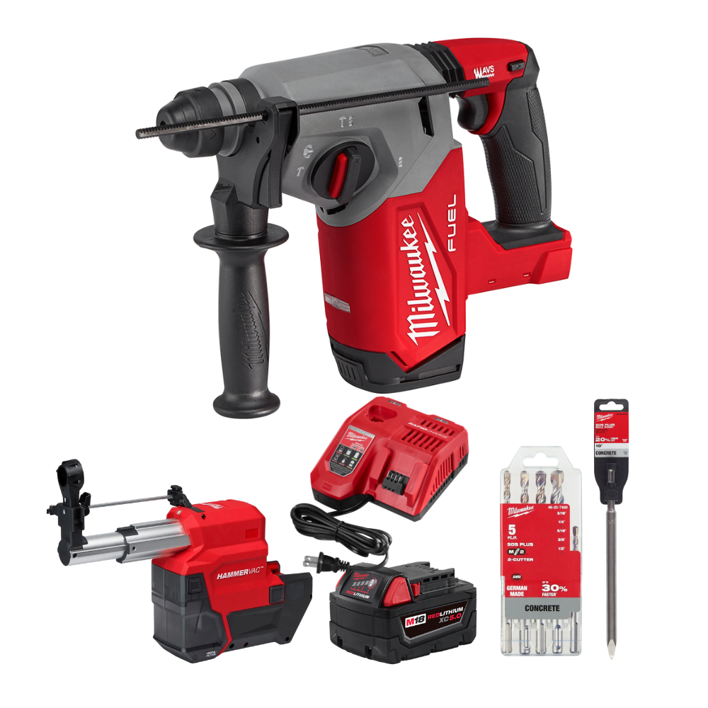 COMBO ROTOMARTILLO SDS PLUS DE 1"+ EXTRACTOR DE POLVO + CARGADOR RAPIDO + BATERIA XC5.0 + JUEGO DE BROCAS Y CINCEL
