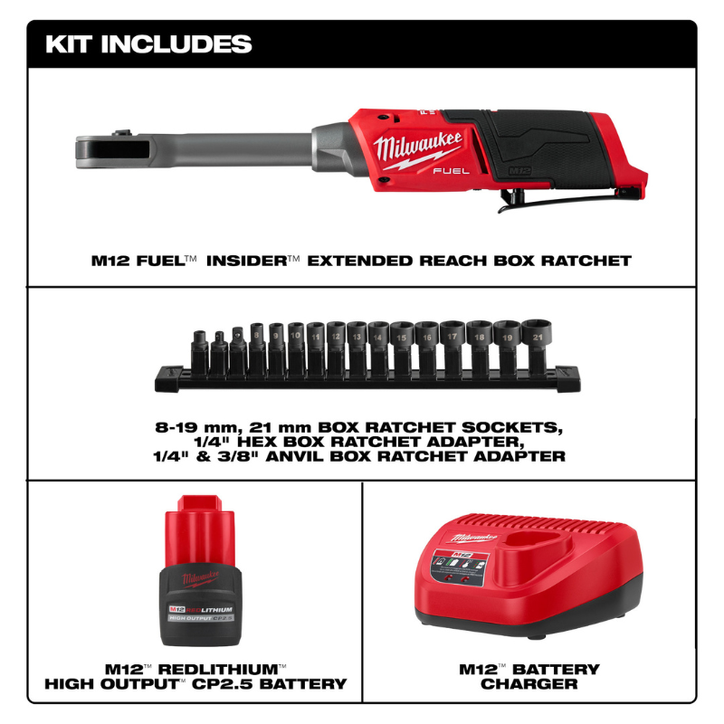 RATCHET INALAMBRICO EXTENDIDO M12 FUEL™ INSIDER™ EN KIT PARA 1/4" Y 3/8" C/ 1 BATERIA Y CARGADOR (INCLUYE DADOS METRICOS Y SAE)