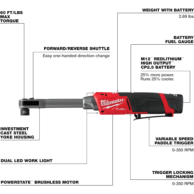 RATCHET INALAMBRICO EXTENDIDO M12 FUEL™ INSIDER™ EN KIT PARA 1/4" Y 3/8" C/ 1 BATERIA Y CARGADOR (INCLUYE DADOS METRICOS Y SAE)