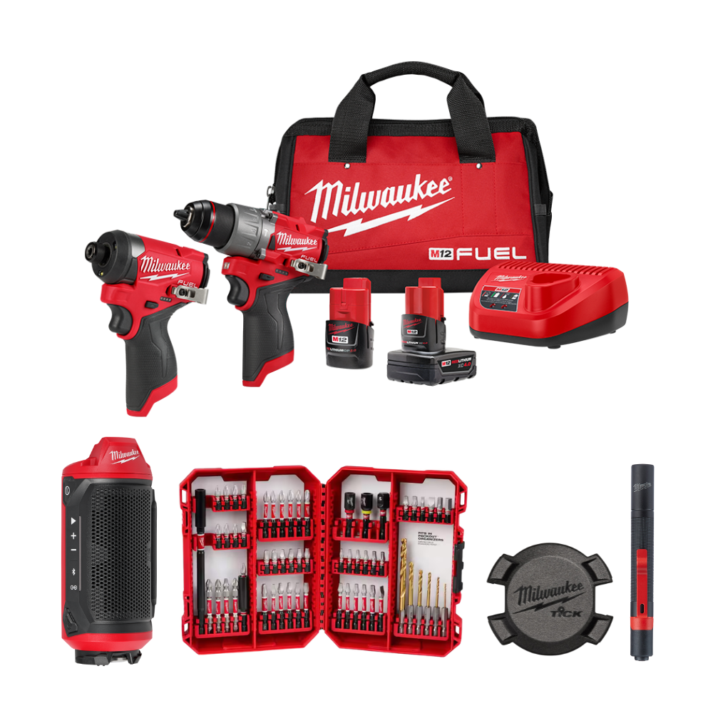 COMBO KIT DE TALADRO Y ATORNILLADOR M12 + BOCINA M12™ BLUETOOTH® + JUEGO DE BROCAS Y PUNTAS