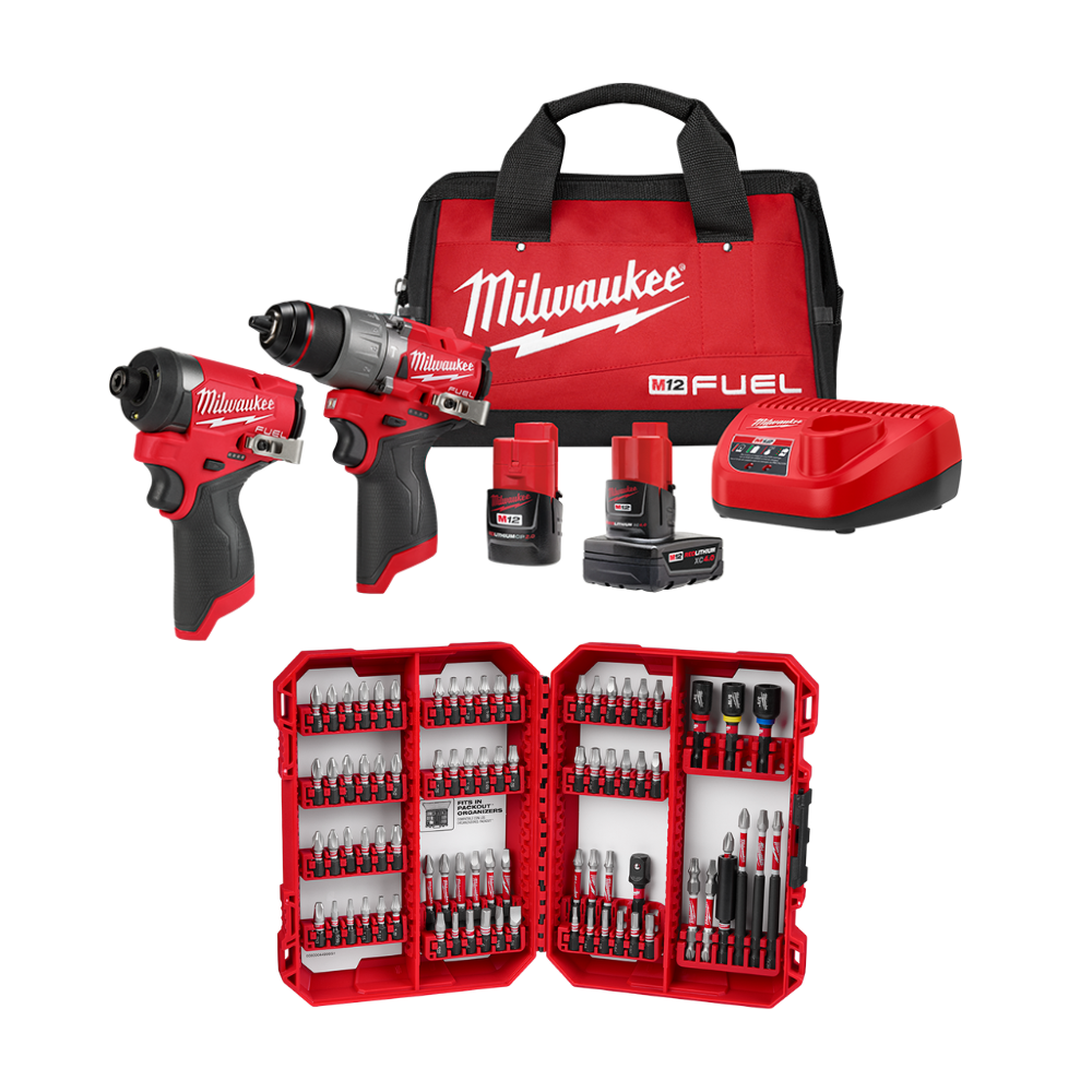 KIT DE TALADRO Y ATORNILLADOR M12 + JUEGO DE PUNTAS SHOCKWAVE DE 80 PIEZAS