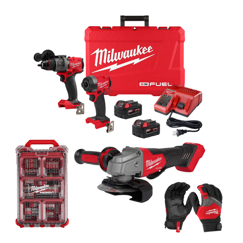 KIT TALADRO Y ATORNILLADOR + ESMERILADORA + SET DE PUNTAS PACKOUT 100 PZAS + GUANTES