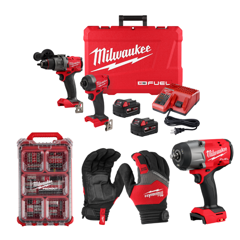 KIT TALADRO Y ATORNILLADOR + LLAVE DE IMPACTO 1/2" + SET DE PUNTAS PACKOUT 100 PZAS + GUANTES