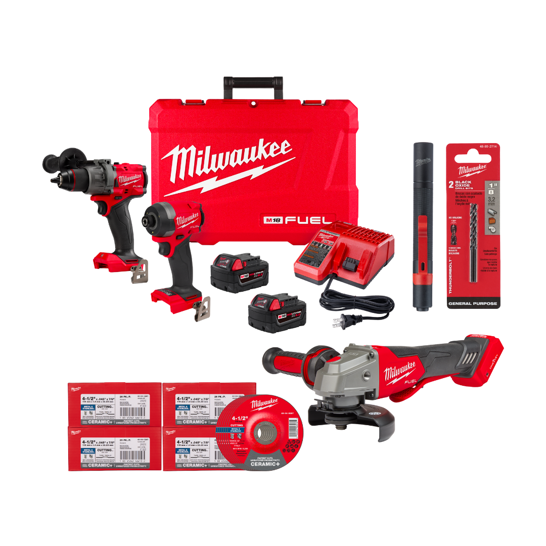 KIT DE TALADRO Y ATORNILLADOR M18 + ESMERILADORA M18 FUEL™ + 20 BROCAS + 4 CAJAS DE 25 DISCOS DE CORTE