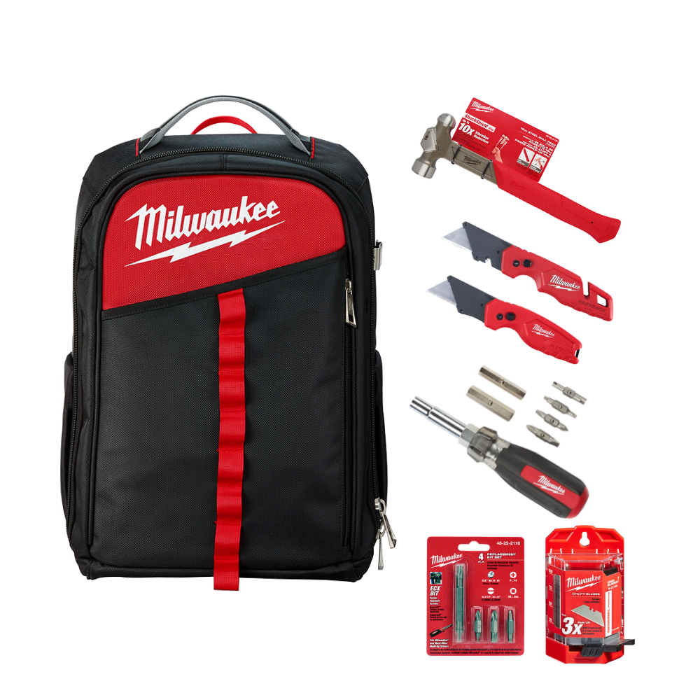 COMBO DE MOCHILA + MARTILLO DE BOLA 16OZ + SET DE 2 CUCHILLAS + DESTORNILLADOR 13 EN 1 + REPUESTOS