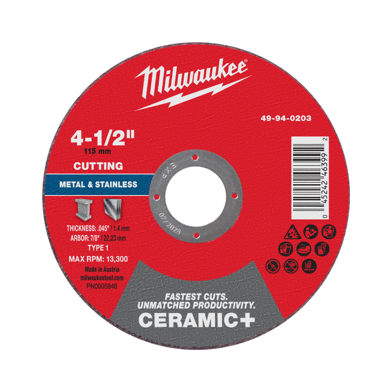 DISCO DE CORTE PARA METAL CERAMIC+ 4-1/2" X .045" X 7/8" - TIPO 1