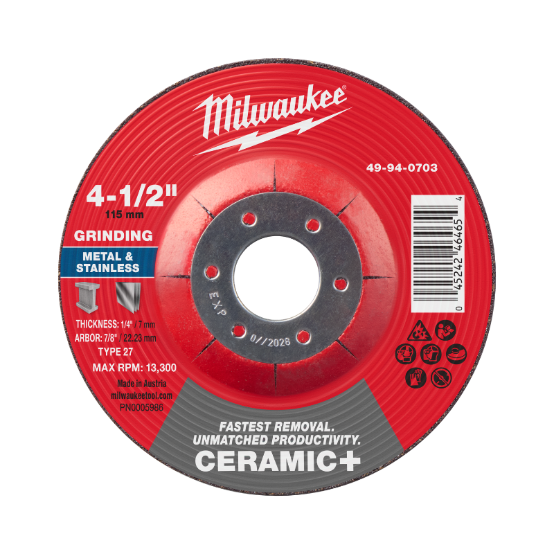 DISCO DE DESBASTE PARA METAL CERAMIC+ 4-1/2" X 1/4" X 7/8" - TIPO 27