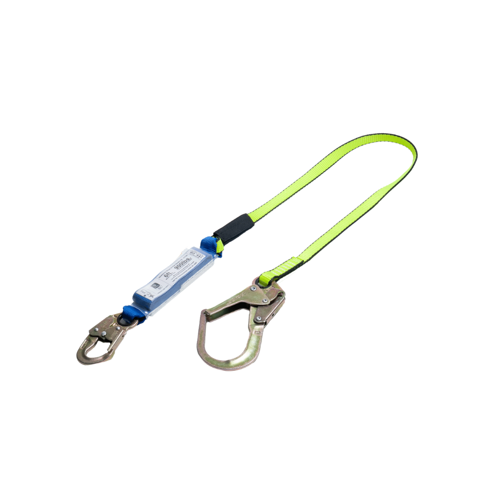 ESLINGA DE DETENCIÓN (CON ABSORBEDOR) SENCILLA EN REATA POLIÉSTER DE 25MM LONGITUD FIJA DE 1,80M CON (1) GANCHO GRANDE 2-1/2" Y (1) GANCHO PEQUEÑO 3/4"