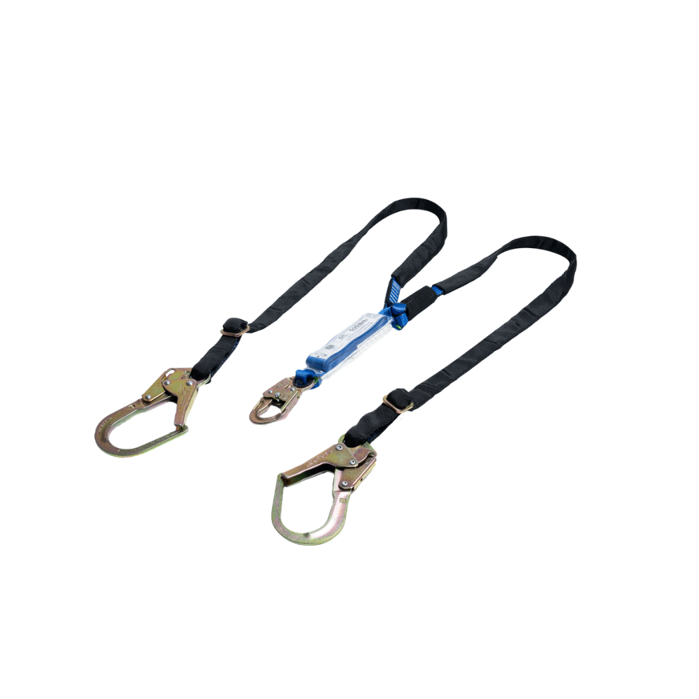 ESLINGA DE DETENCIÓN (CON ABSORBEDOR) DOBLE EN Y EN REATA POLIÉSTER DE 25MM LONGITUD FIJA DE 1,80M CON DOBLE GANCHO GRANDE 2-1/2 Y (1) GANCHO PEQUEÑO 3/4"