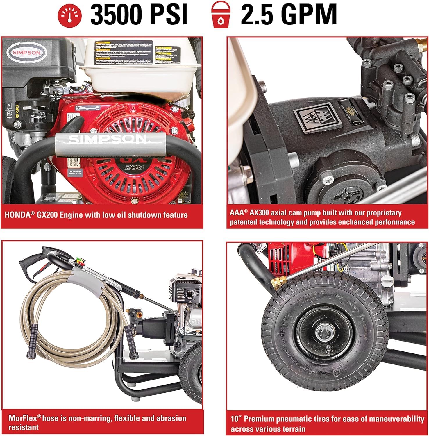 wahaha HIDROLAVADORA A GASOLINA DE 3500 PSI A 2.5 GPM CON MOTOR HONDA