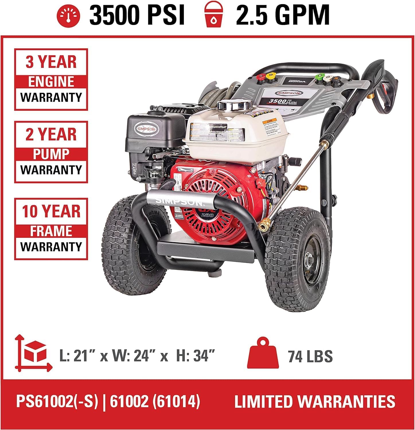 wahaha HIDROLAVADORA A GASOLINA DE 3500 PSI A 2.5 GPM CON MOTOR HONDA