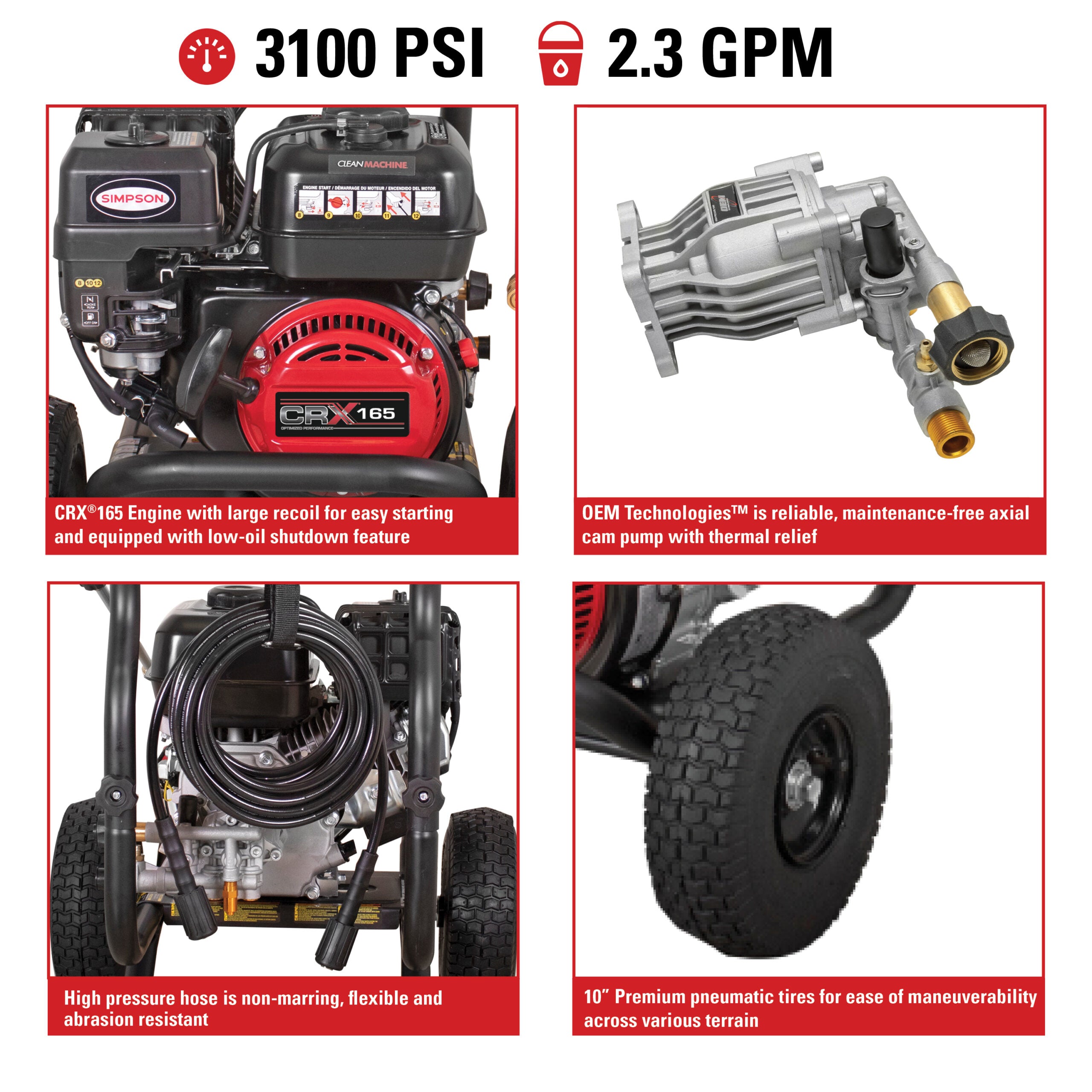 HIDROLAVADORA A GASOLINA DE 3100 PSI 2.3 GPM Y MOTOR CRX®165 (USO RESIDENCIAL)