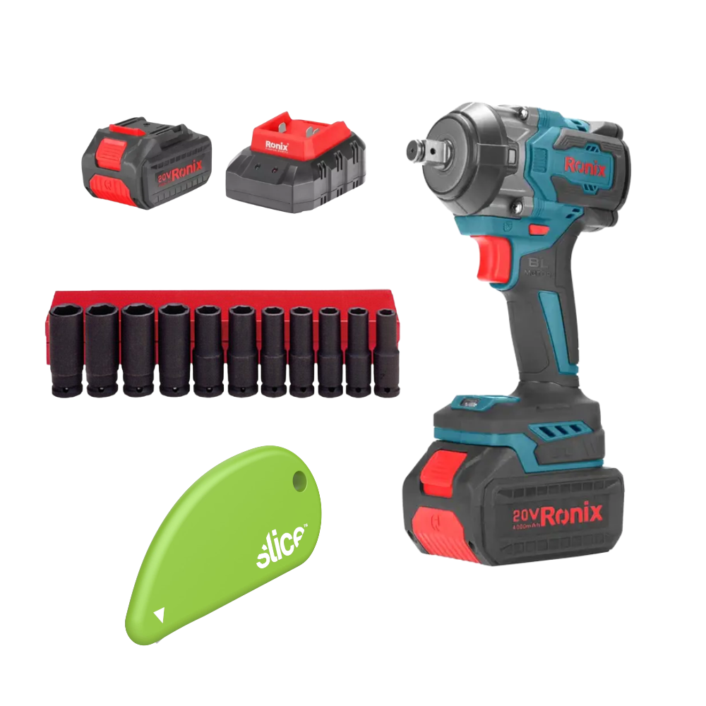 LAVE DE IMPACTO 1/2" KIT C/2 BAT. + JUEGO DE DADOS DE IMPACTO 11 PZS + CORTADOR SLICE