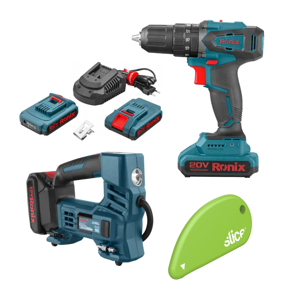 TALADRO PERCUTOR 1/2" (2 BAT. + CARG.) + MINI COMPRESOR 150 PSI (BAT.) + CORTADOR SLICE