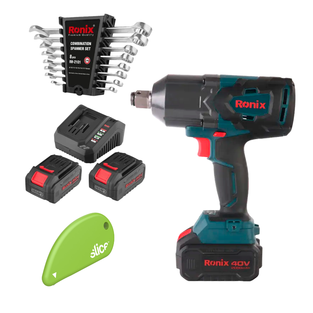 LLAVE DE IMPACTO 3/4" KIT C/2 BAT. + JUEGO DE LLAVES COMBINADAS 8 PZS + CORTADOR SLICE
