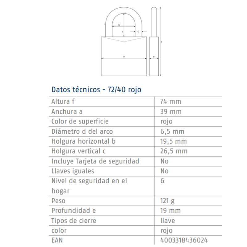 CANDADO MARCA ABUS CON CUERPO DE ALUMINIO 72/40 (KD/ LLAVE EXCLUSIVA)