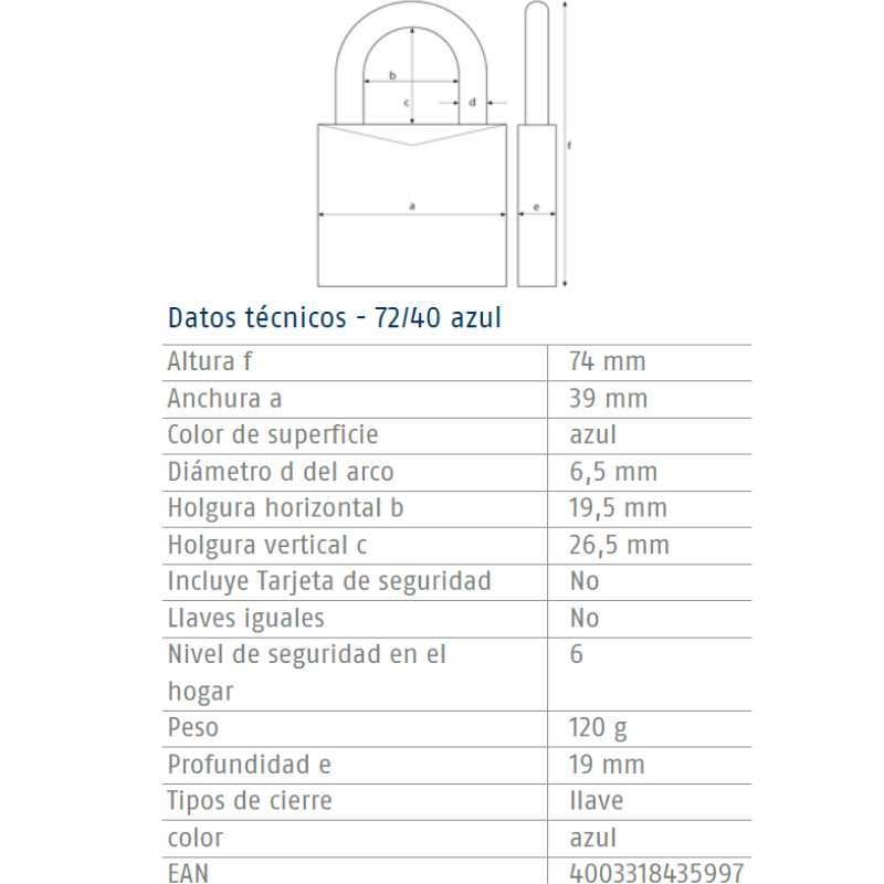 CANDADO MARCA ABUS CON CUERPO DE ALUMINIO 72/40 (KD/ LLAVE EXCLUSIVA)