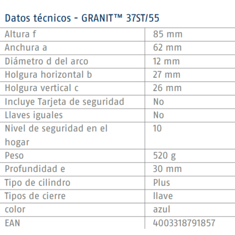 CANDADO GRANIT™ DE ACERO INOXIDABLE 62 MM (37ST/55 B/EFSPP)