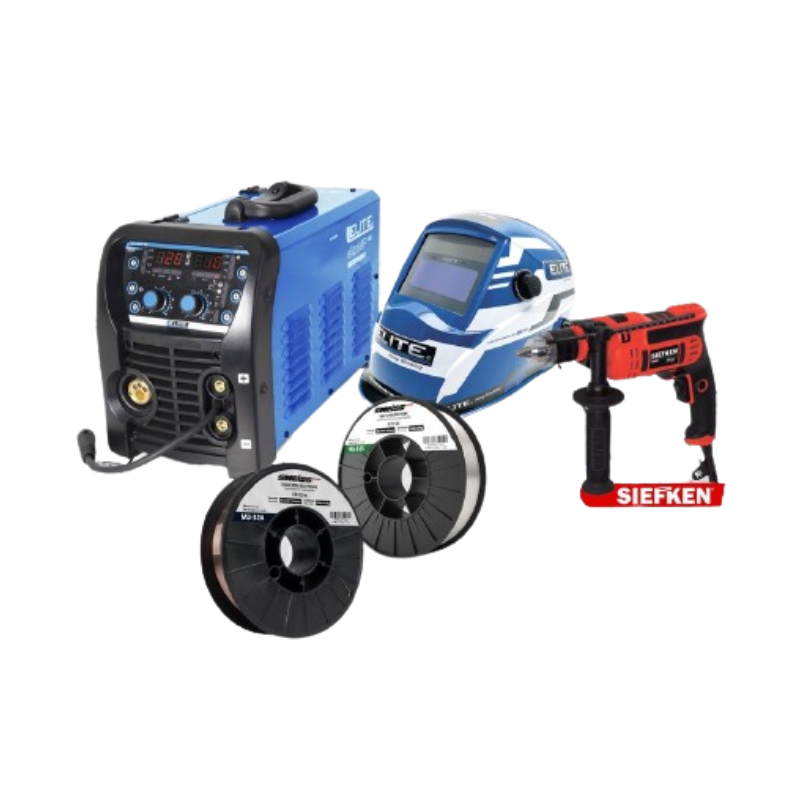 COMBO SOLDADOR INVERSOR MULTIPROPÓSITO + CARETA + 2 ROLLOS DE SOLDADURA + TALADRO PERCUTOR ELÉCTRICO