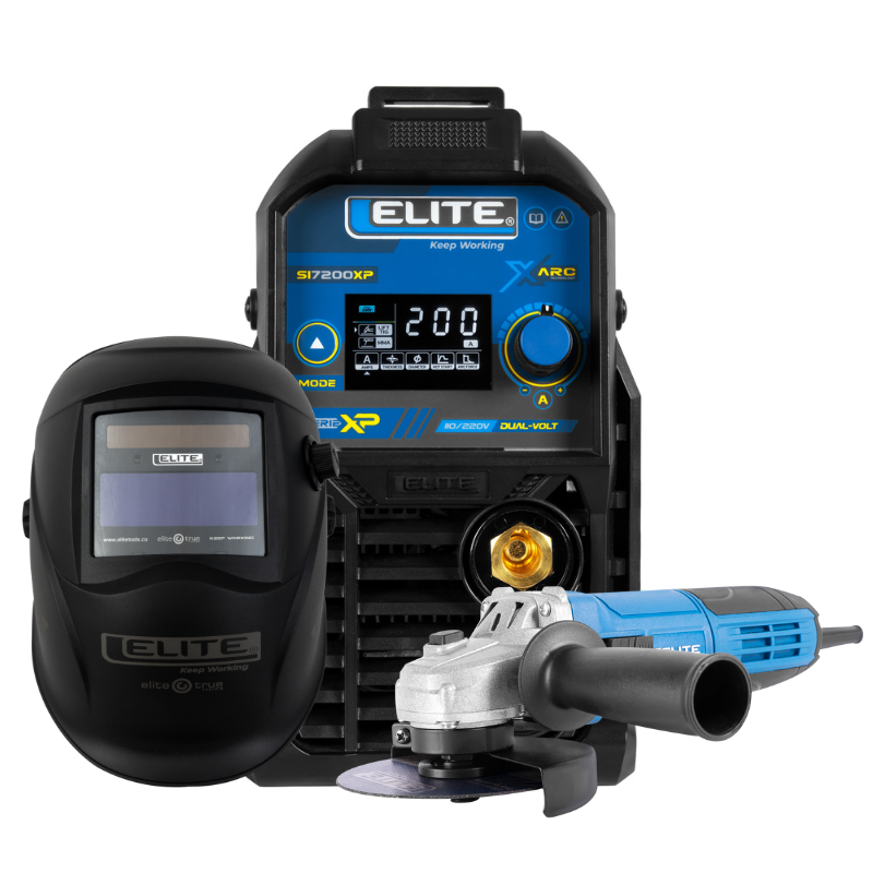 COMBO SOLDADOR INVERSOR ELITE ARC 200XP 110/220V - 200A +ESMERILADORA ANGULAR- 11000 RPM + CARETA