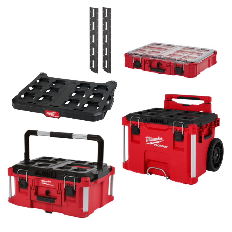 COMBO 5 EN 1 PACKOUT CAJA CON RUEDAS + CAJA GRANDE + ORGANIZADOR + ESTANTERIA PARA PARED