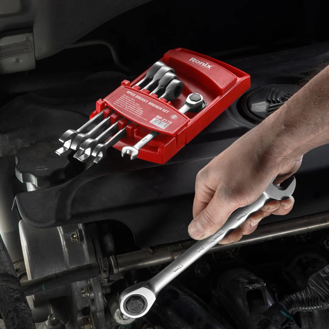 SET DE LLAVES COMBINADAS MILIMETRICAS C/RATCHET CON RACK DE PLASTICO 6PZS MM