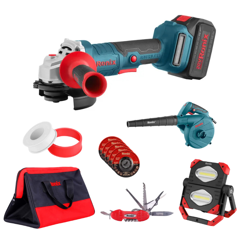 COMBO ESMERIL DE 4-1/2" CON 2 BATERIAS Y CARGADOR + DISCOS + LAMPARA + ALICATE 15 EN 1 +SOPLADORA + TEFLON + MALETIN