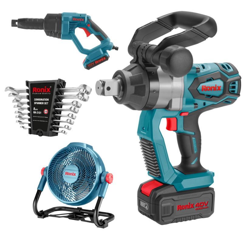 COMBO LLAVE DE IMPACTO DE 1" 2 BATERIAS Y CARGADOR + VENTILADOR + JUEGO DE LLAVES + HIDROLAVADORA A BATERIA