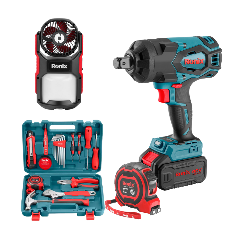 COMBO LLAVE DE IMPACTO DE 3/4" CON 2 BATERIAS Y CARGADOR + JUEGO DE HERRAMIENTAS + CINTA 10M + LINTERNA CON VENTILADOR