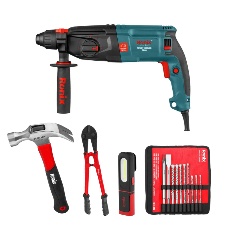 COMBO ROTOMARTILLO + JUEGO DE BROCAS Y CINCELES + MARTILLO + CIZALLA CORTAPERNOS 14” + LINTERNA