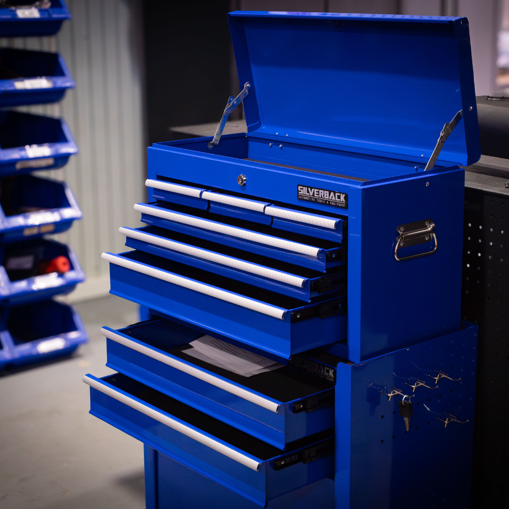 CAJA PARA HERRAMIENTAS CON RUEDAS DE 5 GAVETAS Y 1 GABINETE (SET DE 2 PIEZAS)
