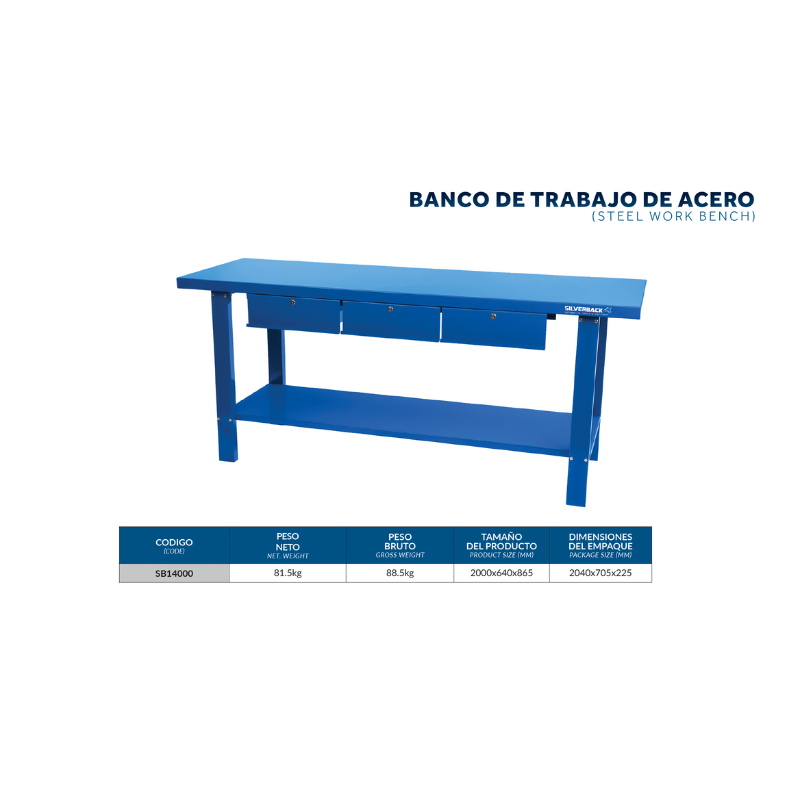 MESA DE TRABAJO DE METAL CON 3 GAVETAS 2000 MM x 640 MM x 865 MM