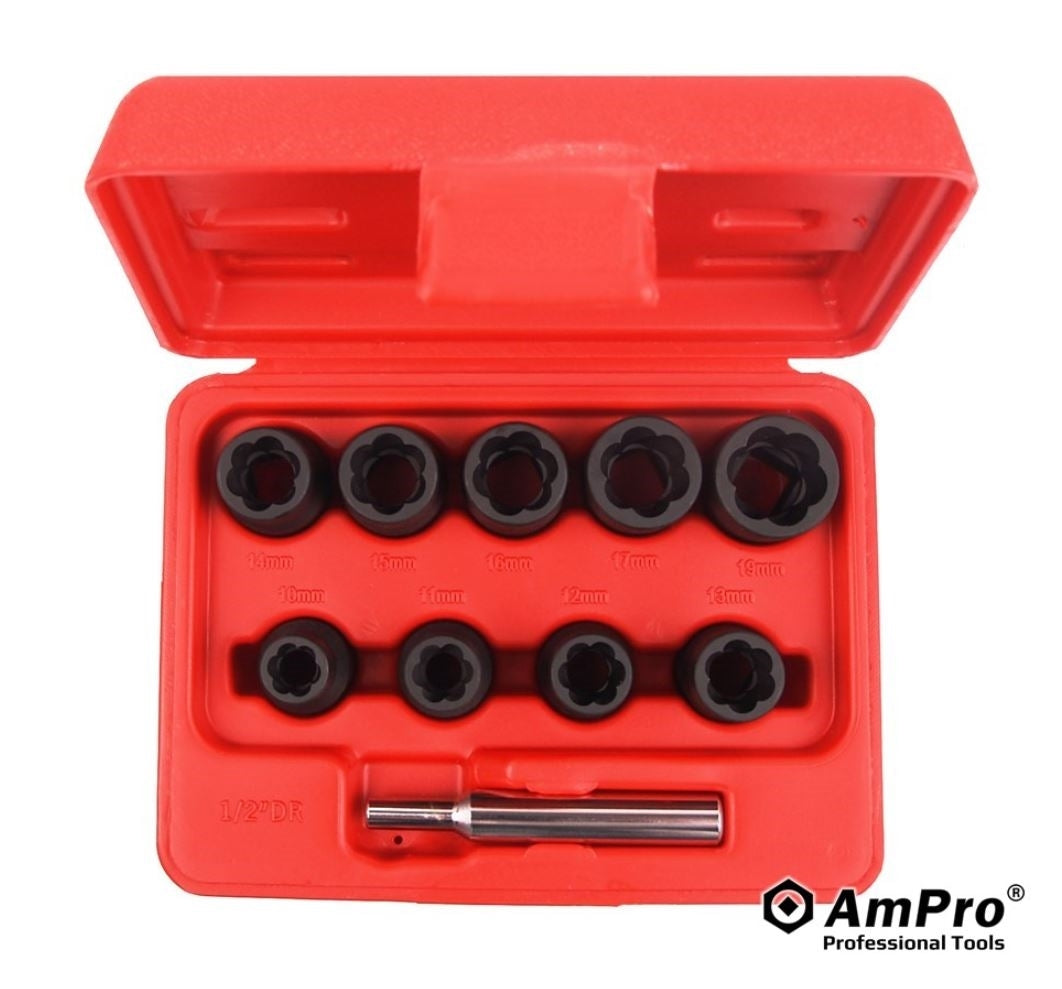 JUEGO DE DADOS DE EXTRACTOR DE PERNOS DE 1/2" DE 10 PIEZAS (MÉTRICO)