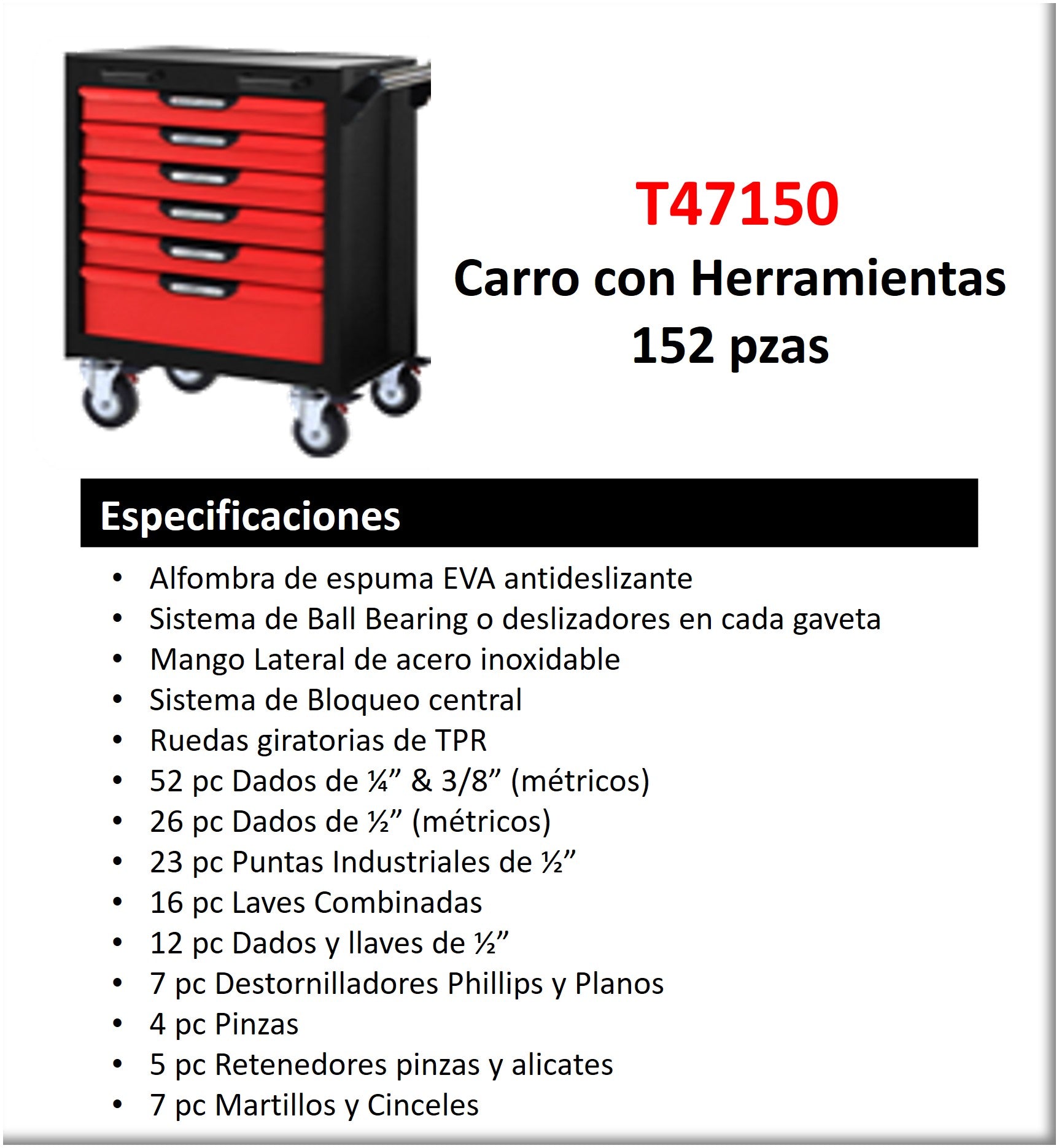 CARRO CON HERRAMIENTAS 152 PZS 6 GAVETAS DADOS Y LLAVES EN MM Y HERRAM -  Hidroca Panamá