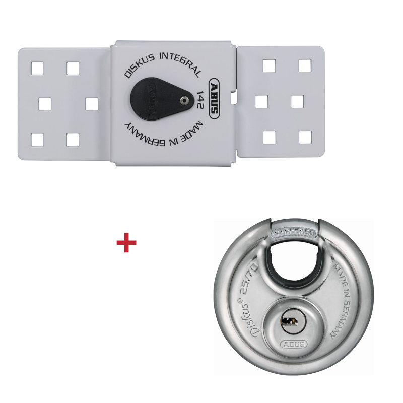 PORTACANDADO BLANCO + CANDADO  DISKUS® DE ACERO INOXIDABLE 70 MM  INTEGRADO (142/200+25/70)