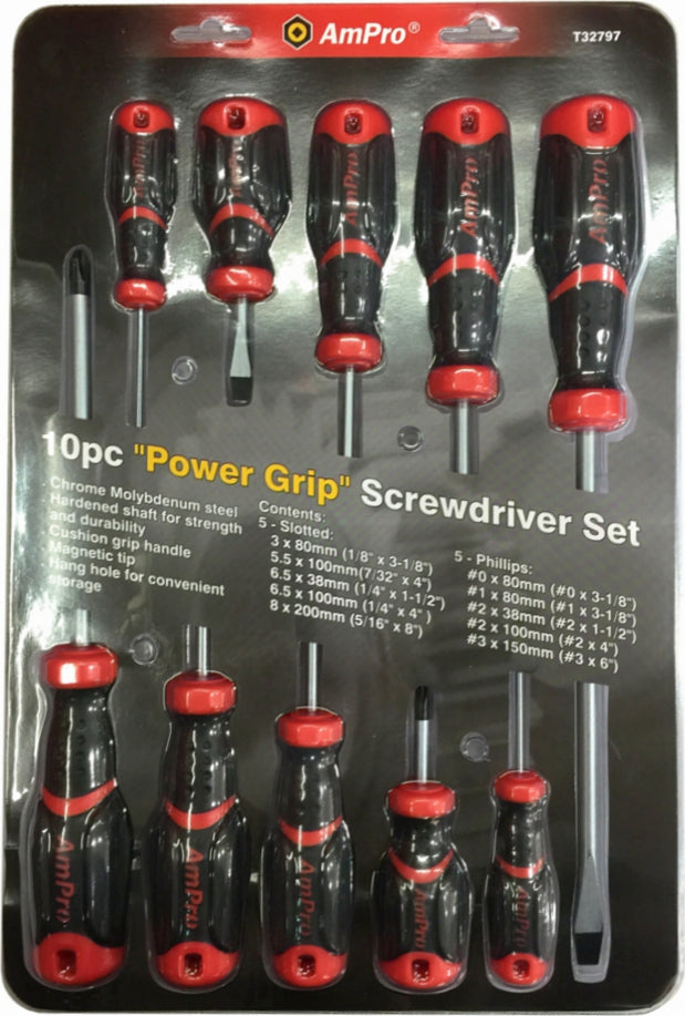 JUEGO DE DESTORNILLADORES 10 PZS 5 PLANOS 5 PHILLIPS POWER GRIP